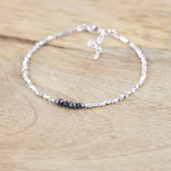 925 sterling Silver Anxiety Gemstone 2-3mm stacking Black Black Rough Diamond Bracelet Fancy, Faceted 7" for mens, womens, gf, bf & Adult.