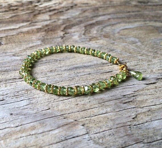 24k gold Plated Anxiety Relief Calming 3-4mm stacking Green peridot Bracelet Rondelle, Faceted 7" for mens, womens, gf, bf & Adult.