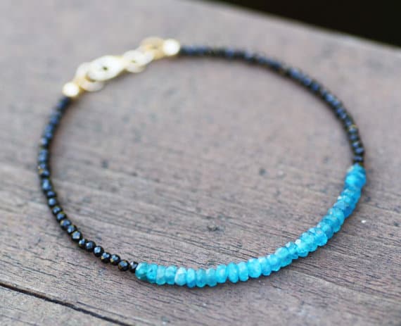 24k gold Plated Rock Gift 3.5mm stacking Black & Blue Natural Black Spinel and Neon Blue Apatite Bracelet Round & Rondelle, Faceted 7" for mens, womens, gf, bf & Adult.