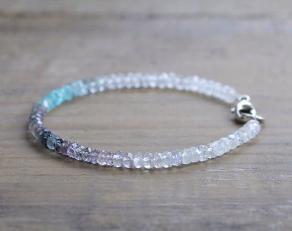 925 sterling silver Galaxy Jewelry 3.5mm Multi Colour Ombre Aqua Apatite, Grey Spinel & White Moonstone  stacking Bracelet Rondelle, Faceted 18cm for mens, womens, gf, bf and adults.