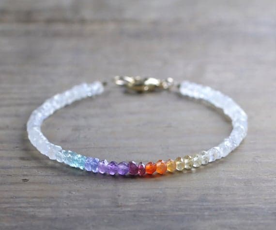 925 sterling silver Grounding 3-3.5mm Multi Colour Ombre Rainbow Gemstone & Moonstone stacking Bracelet Rondelle, Faceted 18cm for mens, womens, gf, bf and adults.