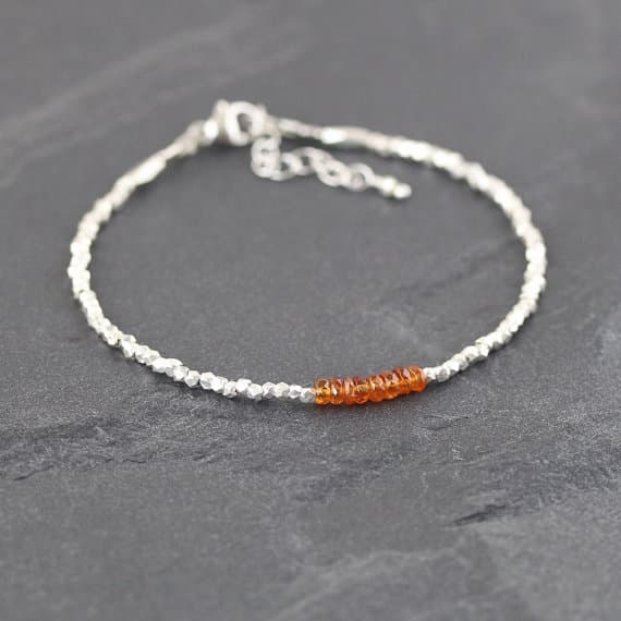 925 sterling Silver Artisan Loose 3mm stacking Orange Mandarin Orange Garnet  Bracelet Rondelle, Faceted 7" for mens, womens, gf, bf & Adult.
