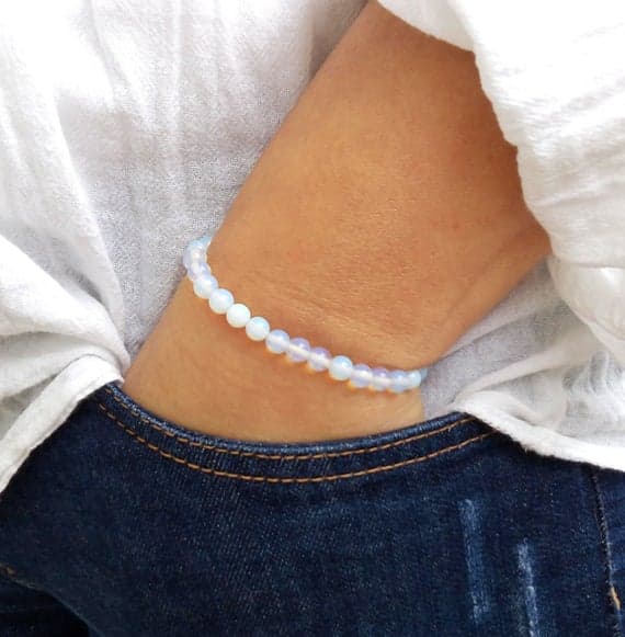 Artisan Loose 6mm White Opal Opalite  Stretchable Bracelet Round, Smooth 18cm for mens, womens, gf, bf and adults.