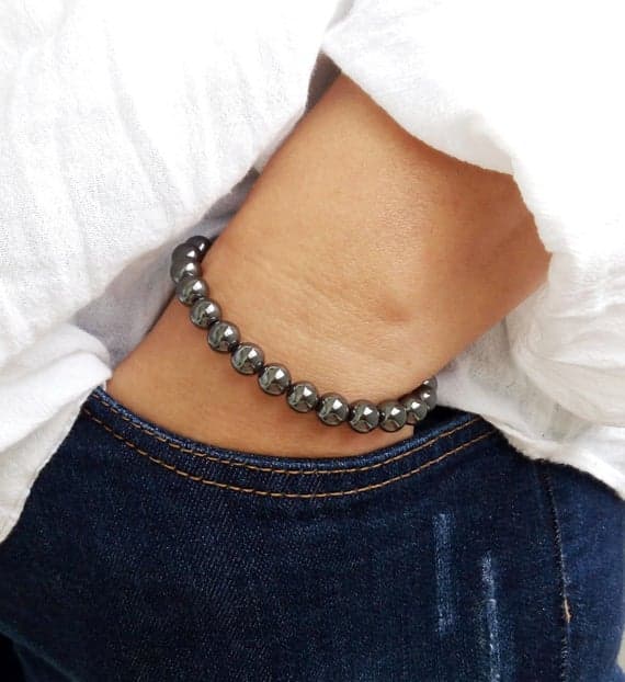Anniversary Gift 8mm Gray HEMATITE Stretchable Bracelet Round, Smooth 18cm for mens, womens, gf, bf and adults.