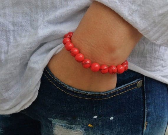Jewelry Energy 10mm Red RED HOWLITE Stretchable Bracelet Round, Smooth 18cm for mens, womens, gf, bf and adults.