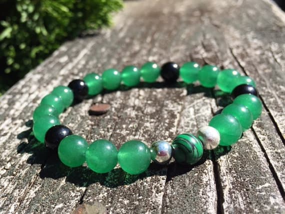 Anxiety Relief Calming Silver Helling 8mm Stretchable Black & Green Green Aventurine Bracelet Round, Smooth 7" for mens, womens.