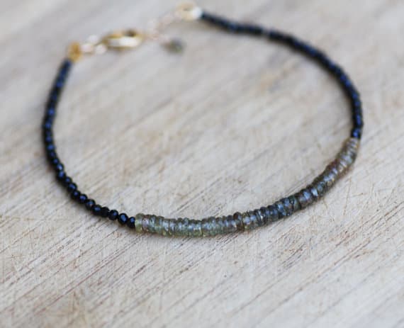 925 sterling Silver Galaxy Jewelry 2-3mm stacking Black & Gray Natural Black Spinel and Green to Champagne Sapphire Bracelet Round & Rondelle, Faceted 7" for mens, womens, gf, bf & Adult.