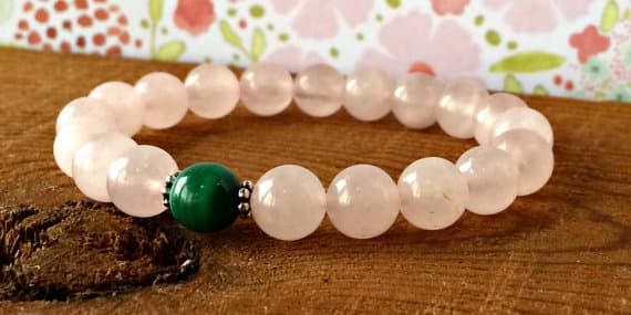 Artisan Loose 8mm Stretchable Pink & Green Rose Quartz & Malachite Bracelet Round, Smooth 7" for mens, womens, gf, bf & Adult.