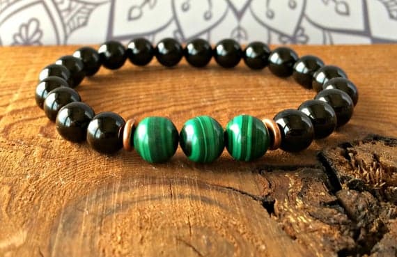 Unique Wedding Gift 8mm Stretchable Black & Green Black Tourmaline & Malachite Bracelet Round , Smooth 7" for mens, womens, gf, bf & Adult.