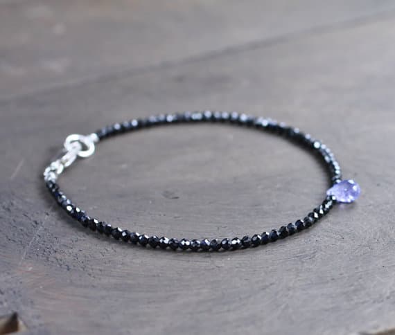 925 sterling silver Anxiety Gemstone 2.5mm Multi Colour Black Spinel & Tanzanite stacking Bracelet Rondelle,Drop, Faceted 18cm for mens, womens, gf, bf and adults.
