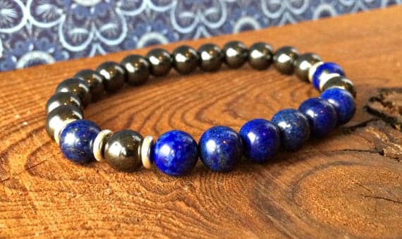 Super sale 8mm Stretchable black & Blue Hematite & Lapis Lazuli Bracelet Round, Smooth 7" for mens, womens, gf, bf & Adult.