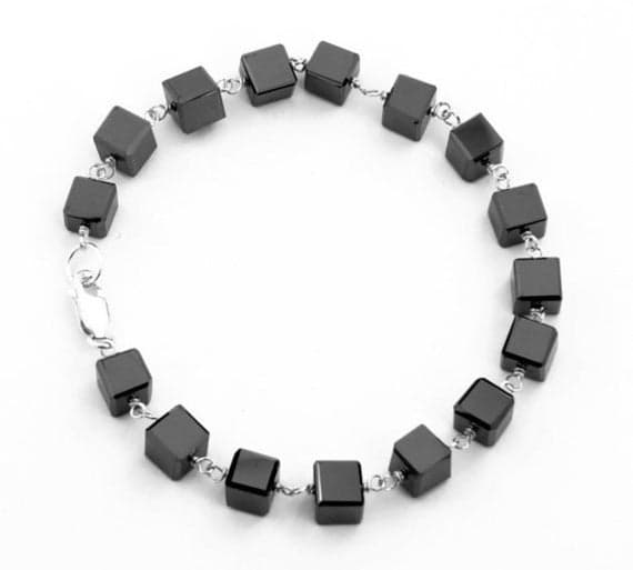 925 steling silver Dainty Slave Loose 5-6mm Stracking black Black Diamond Bracelet Box, Smooth 7" for mens, womens, GF, BF, Adults.