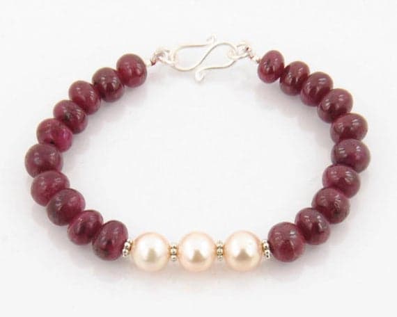 925 steling silver Personalized Gift 8mm Stracking red & white African Rubies & Pearls Bracelet Rondelle, Smooth 7" for mens, womens, GF, BF, Adults.