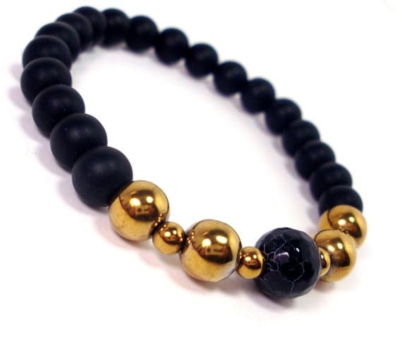 Grounding 8 mm Stretchable Multi Onyx and Hematite Bracelet Round, Smooth 7" for mens, womens.