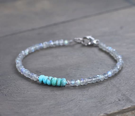 925 sterling silver good luck gift 3.5-4mm Multi Colour Labradorite & Turquoise  stacking Bracelet Rondelle, Faceted 18cm for mens, womens, gf, bf and adults.