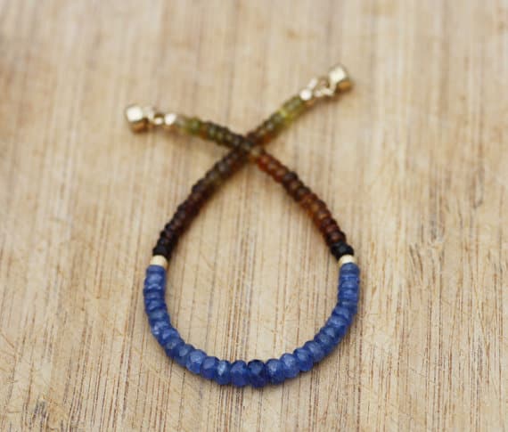 24k gold Plated Positive Energy Gold helling 3.5-4.5mm stacking Multi Natural Burma Sapphire and Tourmaline Bracelet Rondelle, Faceted 7" for mens, womens, gf, bf & Adult.