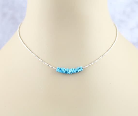 925 sterling Silver Jewelry Energy Silver Helling 5-5.5mm stacking Blue Turquoise Necklace Rondelle, Smooth 16" for mens, womens, gf, bf & Adult.