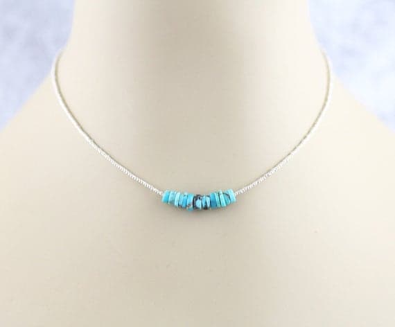 925 sterling Silver Empath Protection 5-7mm stacking Blue Turquoise & Czech Charlotte Seed Necklace Square, Faceted 16" for mens, womens, gf, bf & Adult.