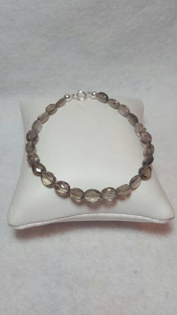 925 sterling Silver Anxiety Relief Calming 7x12mm stacking Brown Smokey Quartz Bracelet Oval, Faceted 7" for mens, womens, gf, bf & Adult.