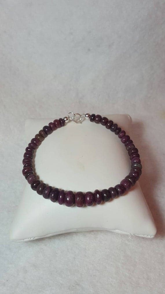 925 sterling Silver Artisan Loose 8-10mm stacking Pink Ruby Bracelet Rondelle, Smooth 7" for mens, womens, gf, bf & Adult.