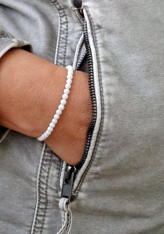 Artisan Loose 4mm White JADEITE Stretchable Bracelet Round, Smooth 18cm for mens, womens, gf, bf and adults.