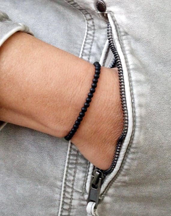 Grounding 4mm Black black onyx Stretchable Bracelet Round, Smooth 18cm for mens, womens, gf, bf and adults.