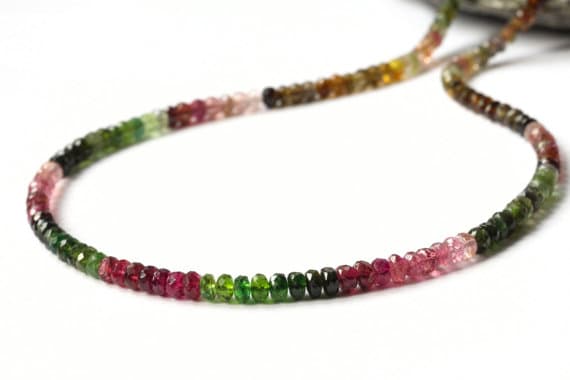 24k gold Plated Blush Jewelry 4.5mm stacking Multi Multicolor tourmaline Necklace Rondelle, Faceted 17" for mens, womens.