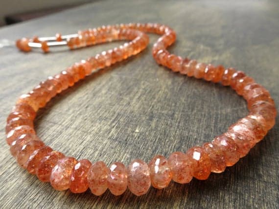 925 sterling Silver chakras simple Helling Silver 6-7mm stacking Orange Sunstone Necklace Rondelle, Faceted 17" for mens, womens.