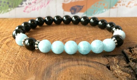 Grounding 8mm Stretchable Blue & Black Black Tourmaline & Grade Aquamarine Bracelet Round, Smooth 7" for mens, womens, gf, bf & Adult.