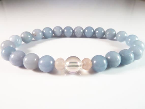 Dainty Slave Loose 8mm Stretchable Multi Angelite & Rose Quartz & Angel Aura Quartz  Bracelet Round, Smooth 7.5" for mens, womens, gf, bf & Adult.