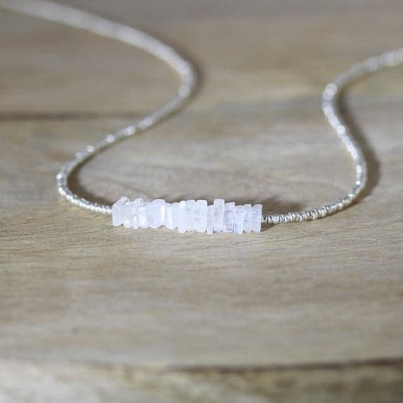 925 sterling Silver Personalized Gift 4mm stacking White Rainbow Moonstone & Charlotte Seed  Necklace Square, Faceted 16" for mens, womens, gf, bf & Adult.