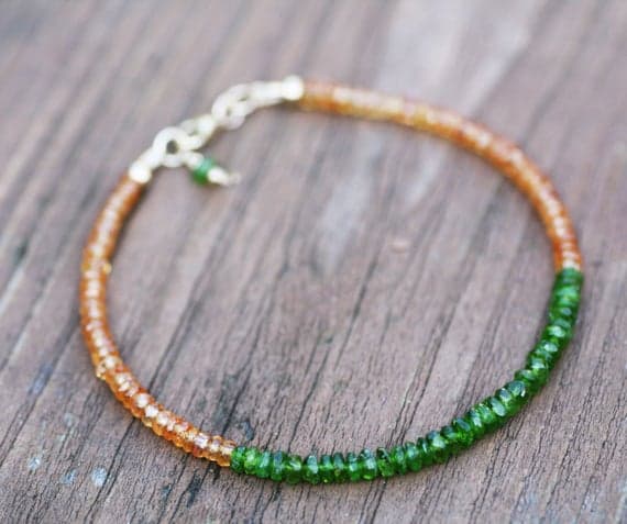 925 sterling Silver Positive Energy 3-3.5mm stacking Multi Natural Padparadshca Orange Sapphire and Chrome Diopside Bracelet Rondelle, Faceted 7" for mens, womens, gf, bf & Adult.