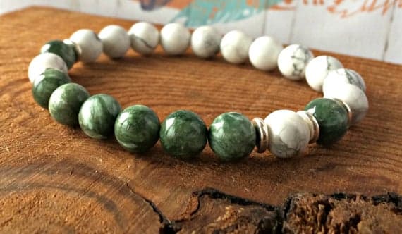 good luck gift 8mm Stretchable Green & White Howlite & Seraphinite Bracelet Round, Smooth 7" for mens, womens, gf, bf & Adult.