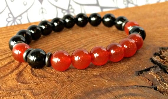 Natural 6mm Stretchable Black & Orange Black Tourmaline & Carnelian Bracelet Round, Smooth 7" for mens, womens, gf, bf & Adult.