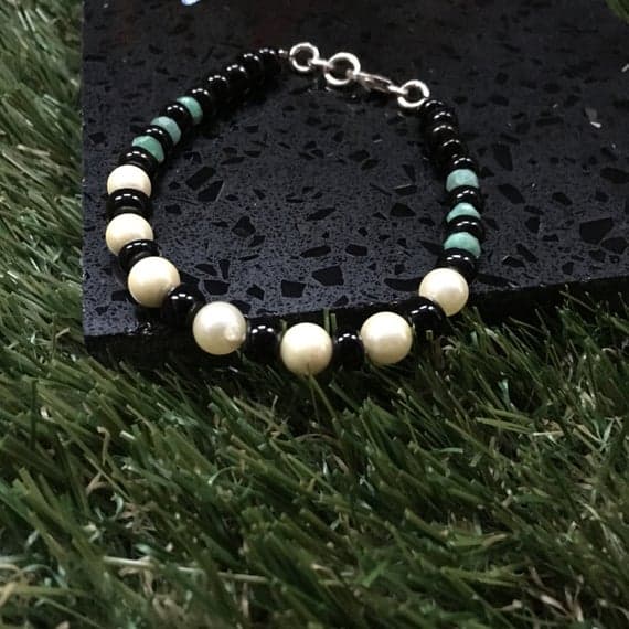 Emerald black onyx & Cream Pearl gemstone 925 sterling silver bracelet 4x3mm - 6mm  Code- WAR6626