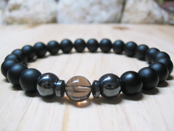 top quality 8mm Stretchable Multi Smoky Quartz & Black Onyx & Hematite Bracelet Round, Smooth 7" for mens, womens, GF, BF, Adults.