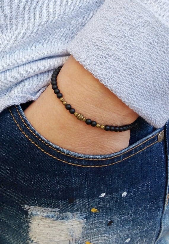 Rose Gold good luck gift 4mm Black BLACK onyx Mat  Stretchable Bracelet Round, Smooth 18cm for mens, womens, gf, bf and adults.