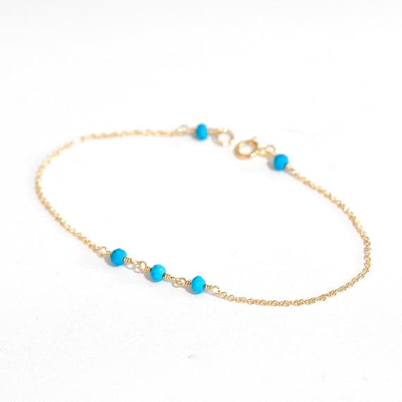 24k gold Plated memorial gift 3mm stacking Blue Tiny Turquoise  Bracelet Round, Faceted 7" for mens, womens, gf, bf & Adult.