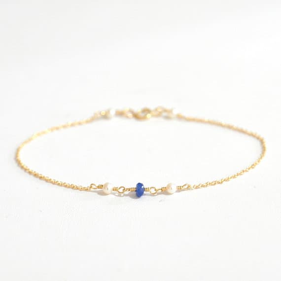 24k gold Plated Anniversary Gift 4x2mm stacking Blue & White Blue Sapphire and Freshwater Pearl Bracelet Round & Rondelle, Faceted & Smooth 7" for mens, womens, gf, bf & Adult.