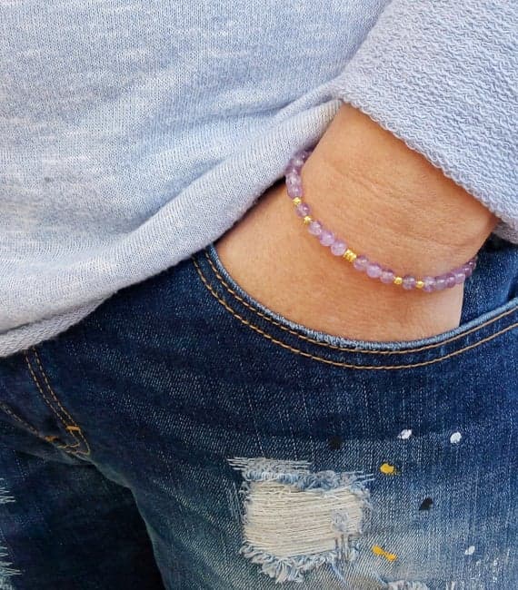 Anxiety Gemstone 5mm Purple Amethyst Stretchable Bracelet Round, Smooth 18cm for mens, womens, gf, bf and adults.
