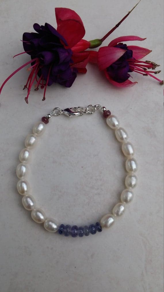 925 sterling Silver Artisan Loose 5-10mm stacking Blue & White Tanzanite & Pearl Bracelet Oval & Rondelle, Smooth 7" for mens, womens, gf, bf & Adult.