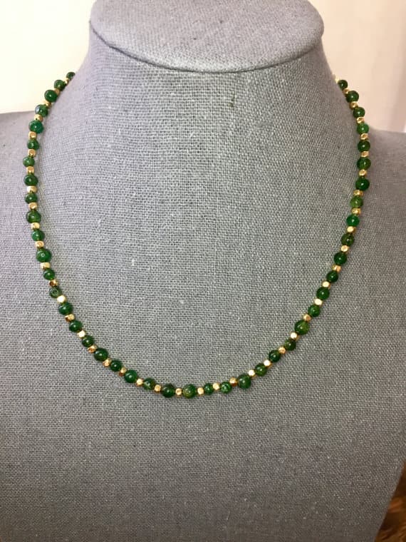 24k gold Plated Positive Energy 3-5mm stacking Green Green Aventurine Necklace Round, Smooth 16" for mens, womens, gf, bf & Adult.