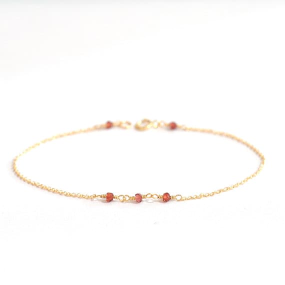 24k gold Plated love beach youth 2mm stacking Red Garnet Bracelet Rondelle, Faceted 7" for mens, womens, gf, bf & Adult.