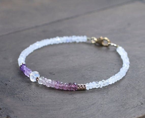 24k gold Personalized Gift 3mm Multi Colour Moonstone, Purple Spinel & Amethyst Ombre stacking Bracelet Rondelle, Faceted 18cm for mens, womens, gf, bf and adults.