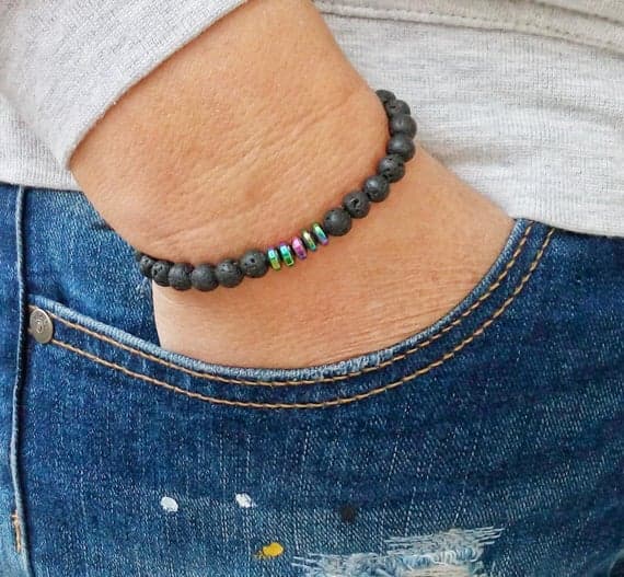 Dainty Slave Loose 6mm Multi Colour BLACK LAVA Rainbow Hematite Stretchable Bracelet Round, Smooth 18cm for mens, womens, gf, bf and adults.
