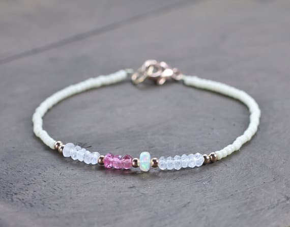 24k gold chakras simple 3-4mm Multi Colour Pink Tourmaline, Welo Opal & Moonstone stacking Bracelet Rondelle, Faceted 18cm for mens, womens, gf, bf and adults.