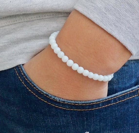 Blush Jewelry 6mm White WHITE AGATE Stretchable Bracelet Round, Smooth 18cm for mens, womens, gf, bf and adults.