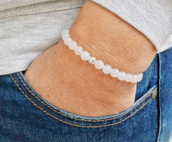 925 sterling silver Galaxy Jewelry 6mm White MILK QUARTZ  Stretchable Bracelet Round, Faceted 18cm for mens, womens, gf, bf and adults.