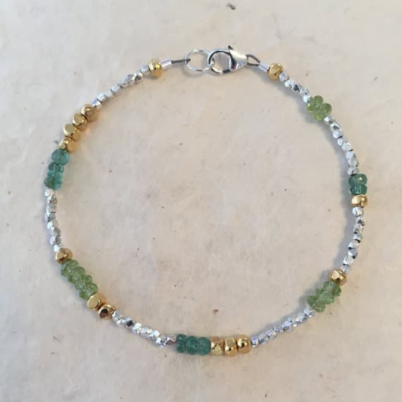 Emerald Peridot Karen Hill Tribe Silver and Gold Vermeil Beaded Bracelet, Sundance Style, May Birthstone, August Birthstone, Boho Chic 3-4mm Code- WAR6455