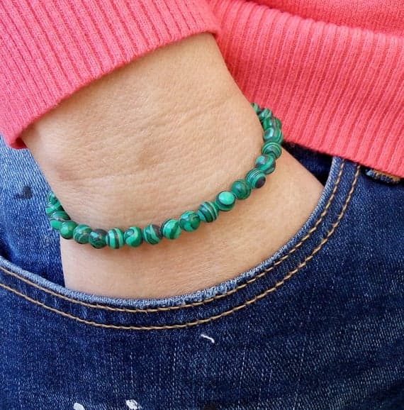 Anniversary Gift 6mm Green MALACHITE Stretchable Bracelet Round, Smooth 18cm for mens, womens, gf, bf and adults.